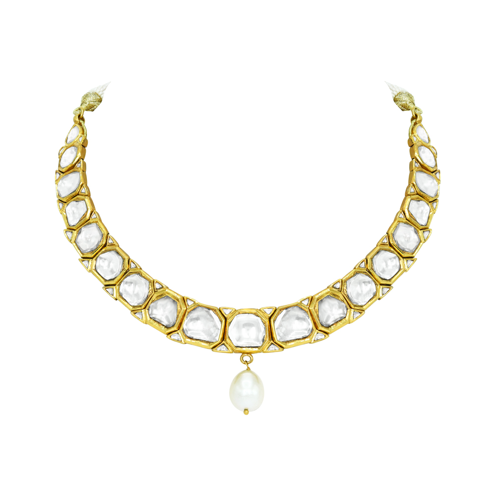 Polki Necklace with Gold Frame and Central Pearl Drop